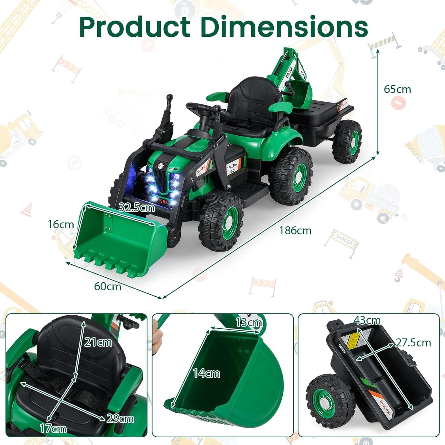 HONEY JOY 4 in 1 Ride on Tractor Green
