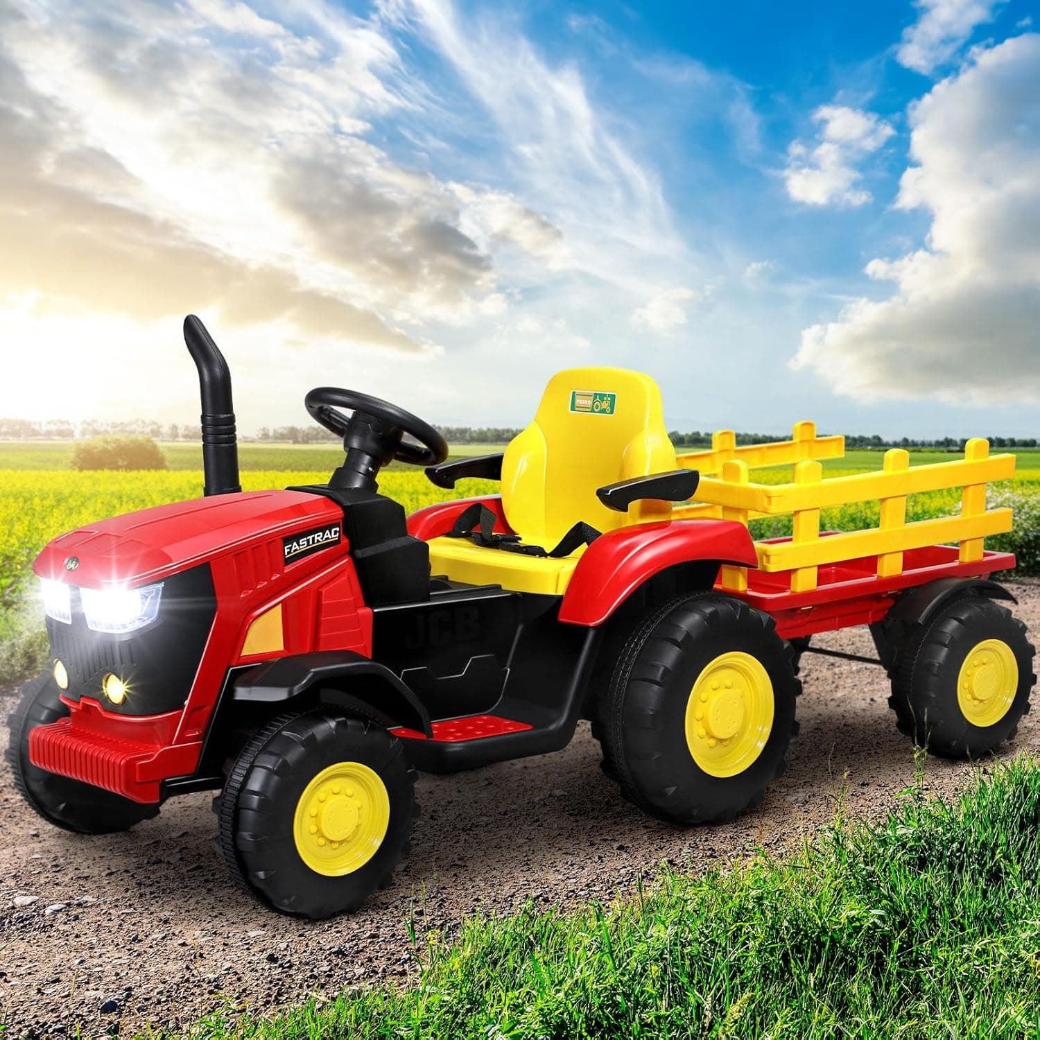 Ride on Toy Tractor with Trailer 12V Twin Motors Red