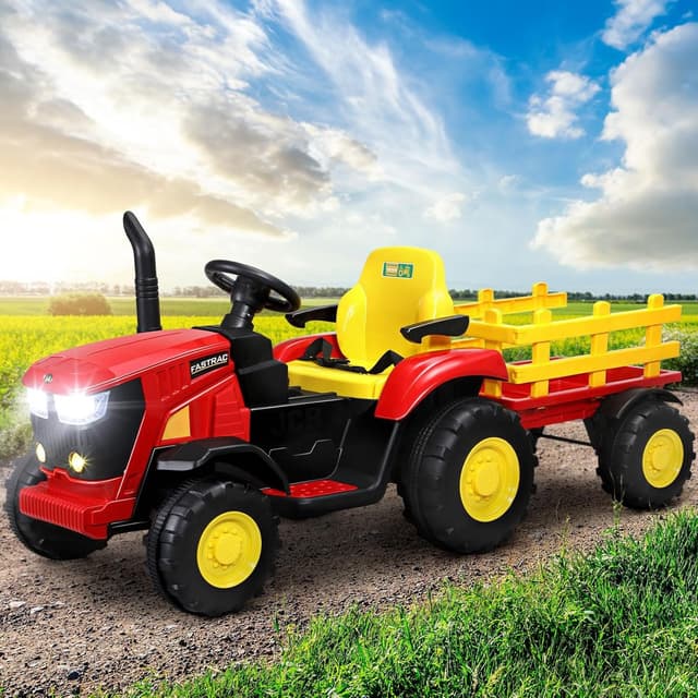 Ride on Toy Tractor with Trailer 12V Twin Motors Red