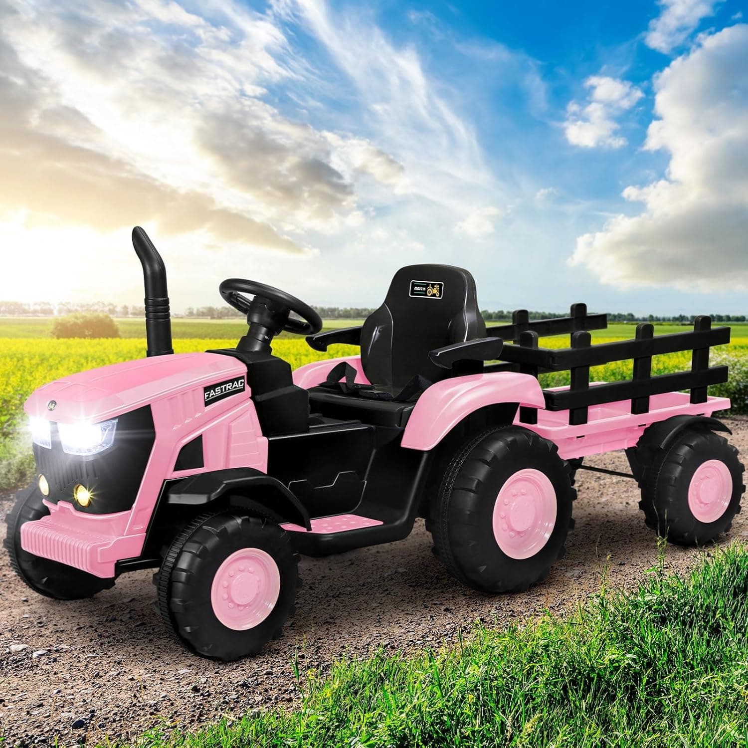 Ride on Toy Tractor with Trailer 12V Twin Motors Pink