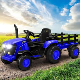 Ride on Toy Tractor with Trailer 12V Twin Motors Blue