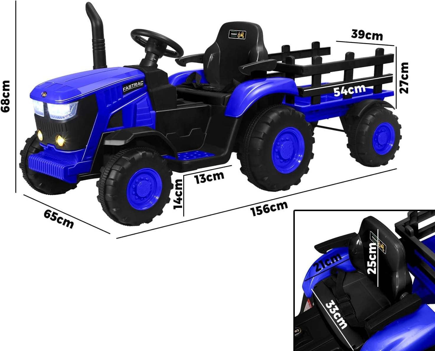 Ride on Toy Tractor with Trailer 12V Twin Motors Blue