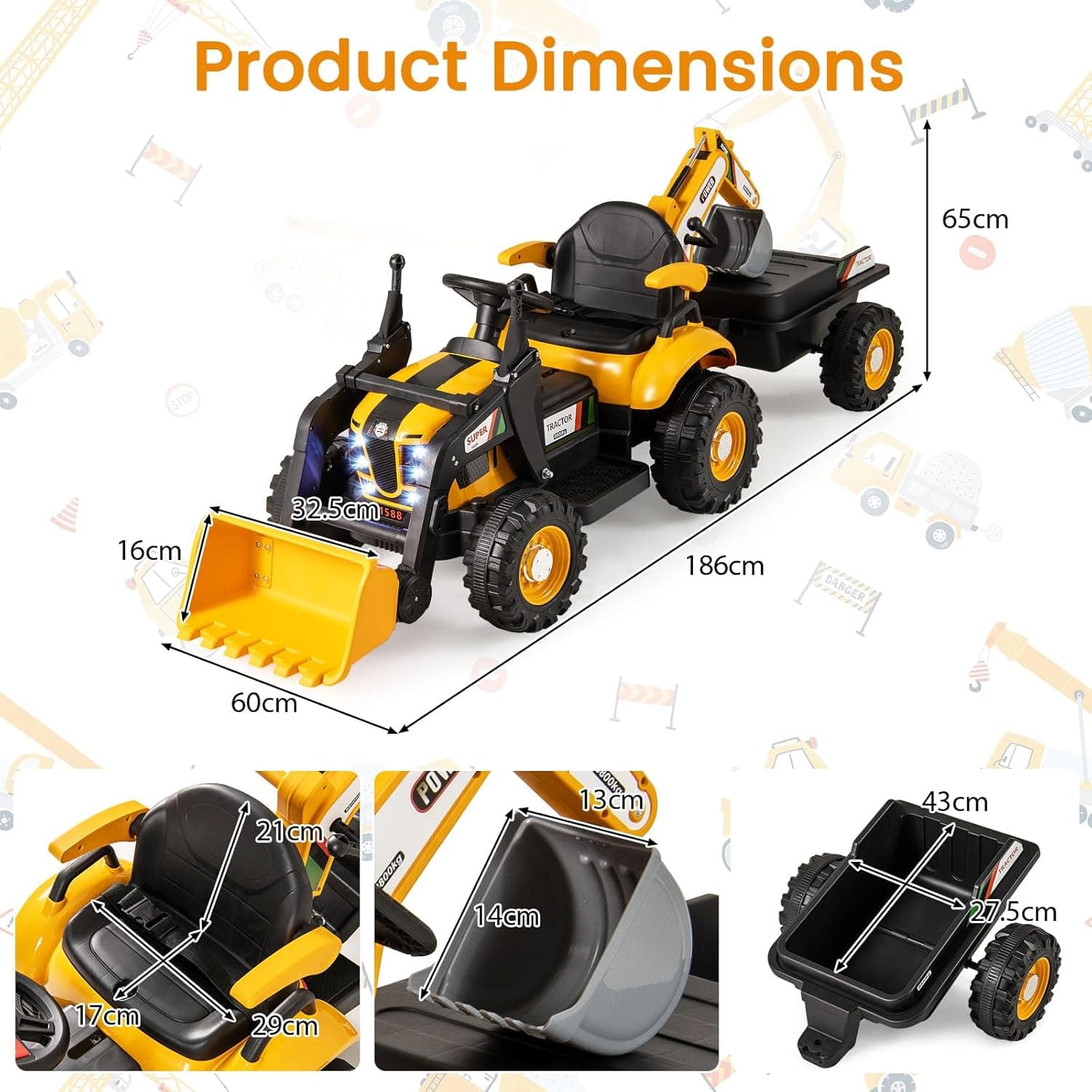 HONEY JOY 4 in 1 Ride on Tractor Yellow